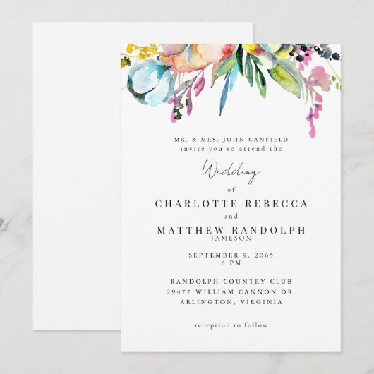 Invitation Fleur Sauvage Fleurs Multicolores Mariage Parents (Devant / Derrière)