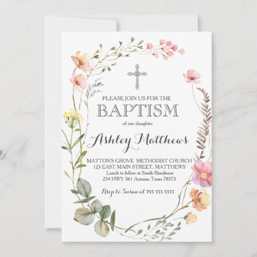 Invitation fleur sauvage Floral BAPTISM (Devant)