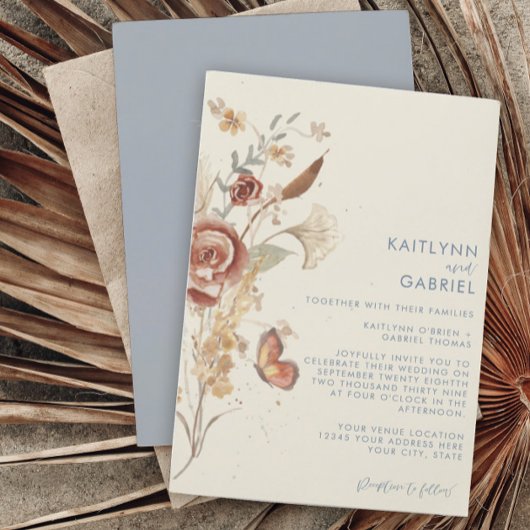 Invitation Fleur sauvage Floral Dusty Blue Mariage d'aquarell