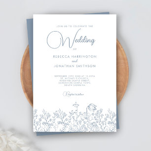 Invitation Fleur sauvage Floral Elégant Dusty Blue Mariage