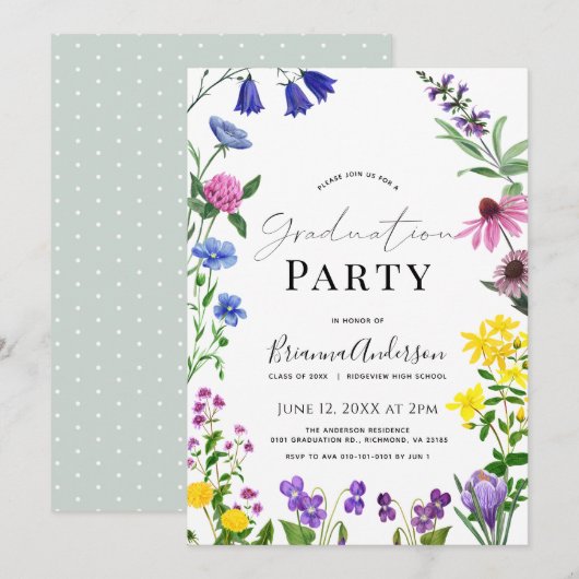 Invitation Fleur sauvage Floral Graduation Party (Devant / Derrière)