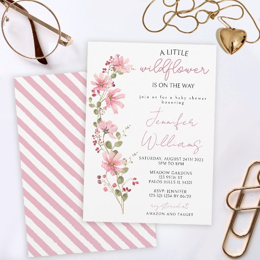 Invitation Fleur sauvage floral rose aquarelle bébé douche fi