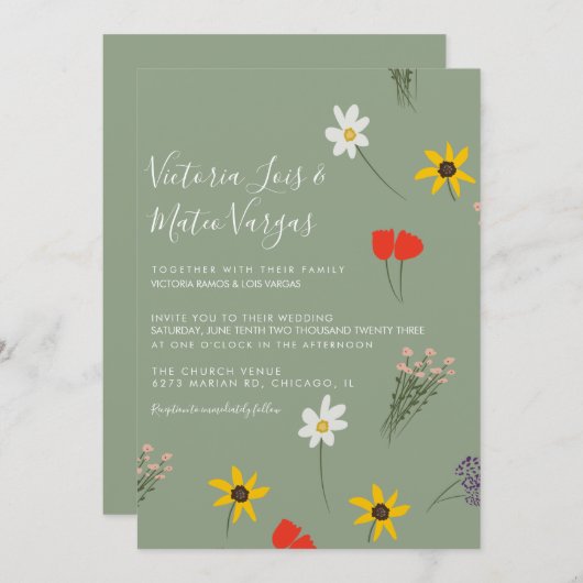 Invitation Fleur sauvage Flore verte Mariage Sage Green (Devant / Derrière)