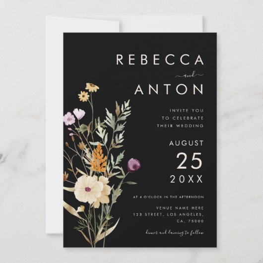 Invitation Fleur sauvage foncé 3 Photo Collage QR Code Mariag (Devant)