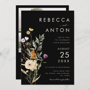 Invitation Fleur sauvage foncé 3 Photo Collage QR Code Mariag