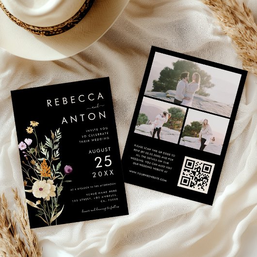 Invitation Fleur sauvage foncé 3 Photo Collage QR Code Mariag