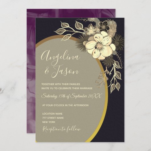 Invitation Fleur sauvage Gold et Black Mariage (Devant / Derrière)