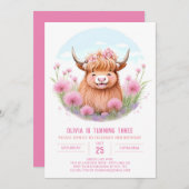 Invitation Fleur sauvage Highland Cow Adventure Anniversaire (Devant / Derrière)