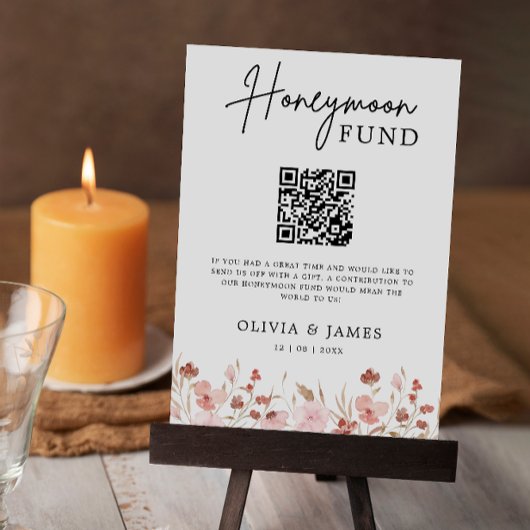 Invitation Fleur sauvage Honeymoon Fund QR Code Sign, Mariage