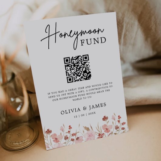 Invitation Fleur sauvage Honeymoon Fund QR Code Sign, Mariage