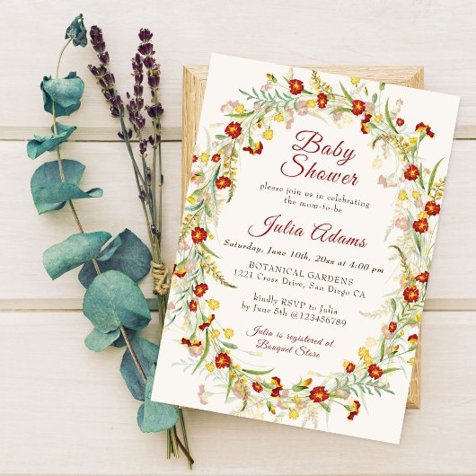 Invitation Fleur sauvage Jaune Marigold Baby shower de feuill