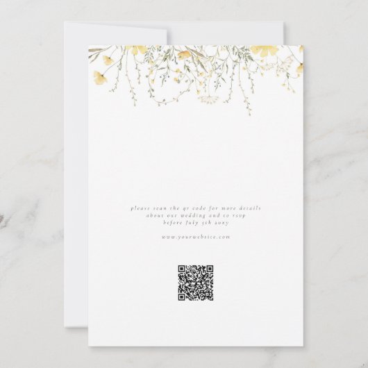 Invitation Fleur sauvage Jaune simple moderne Mariage QR RSVP (Dos)