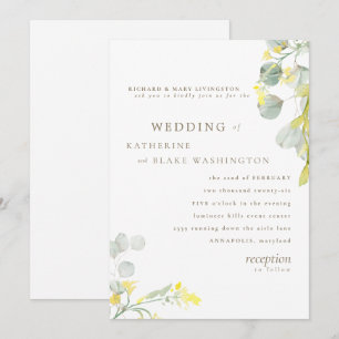 Invitation Fleur sauvage jaune Texte doré Eucalyptus Mariage