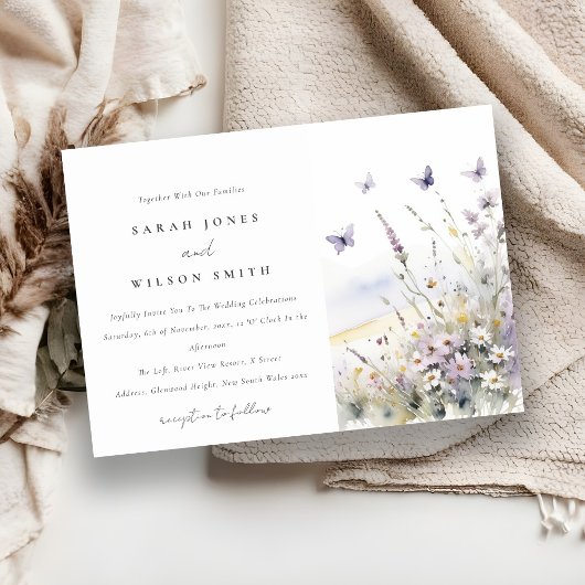 Invitation Fleur sauvage Lilac   Papillon Mariage paysage