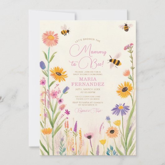 Invitation Fleur sauvage Maman to Bee Baby shower rose (Devant)