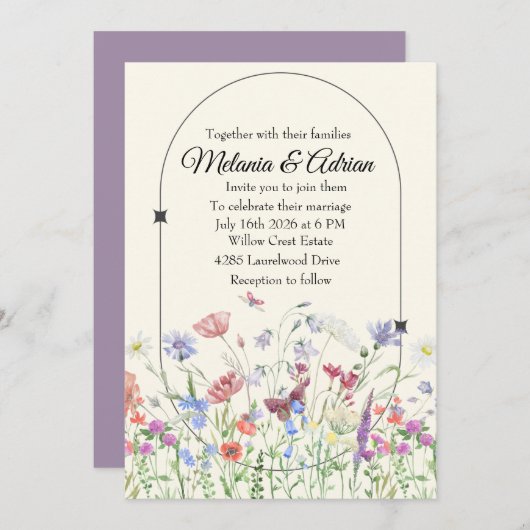 Invitation Fleur sauvage Mariage violet de luxe violet (Devant / Derrière)