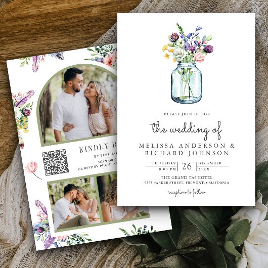 Invitation Fleur sauvage Mason Jar Photo Collage QR Code Mari