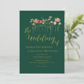 Invitation Fleur sauvage Meadow Élégant Script Dark Green & G (Debout devant)