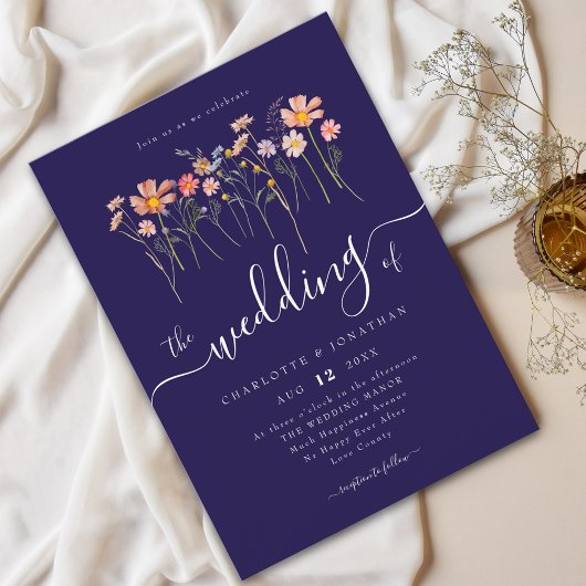 Invitation Fleur sauvage Meadow Élégant Script Marine Bleu &