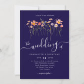 Invitation Fleur sauvage Meadow Élégant Script Marine Bleu & (Devant)