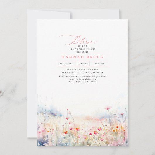 Invitation Fleur sauvage Meadow Élégante Fête des mariées d'é (Devant)