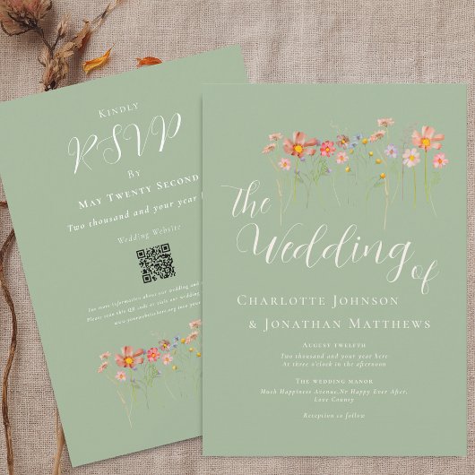 Invitation Fleur sauvage Meadow Sage vert QR Code Mariage