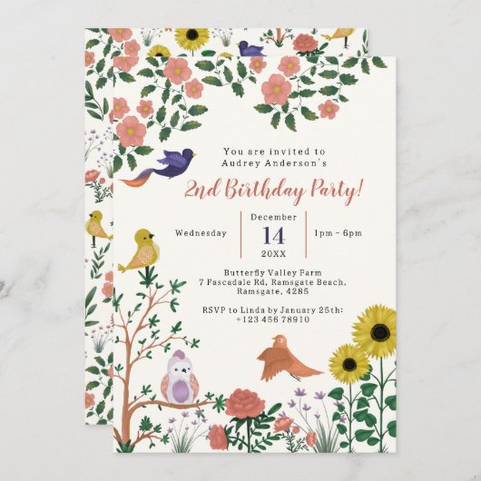 Invitation Fleur sauvage mignonne et Tea Party aux oiseaux 2e (Devant / Derrière)