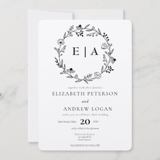 Invitation Fleur sauvage minimal | Mariage de couronne (Devant)