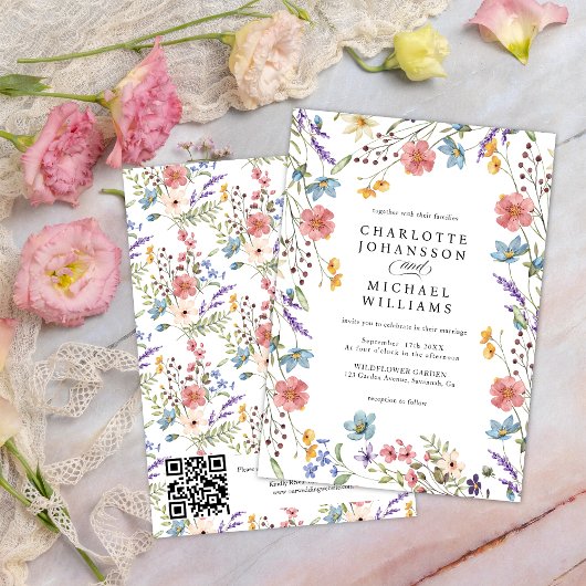 Invitation Fleur sauvage Modern Rustic Garden QR Code Mariage