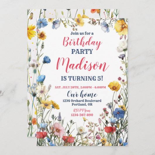 Invitation fleur sauvage moderne Boho floral (Devant / Derrière)