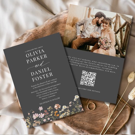 Invitation Fleur sauvage moderne Boho QR Code Mariage photo