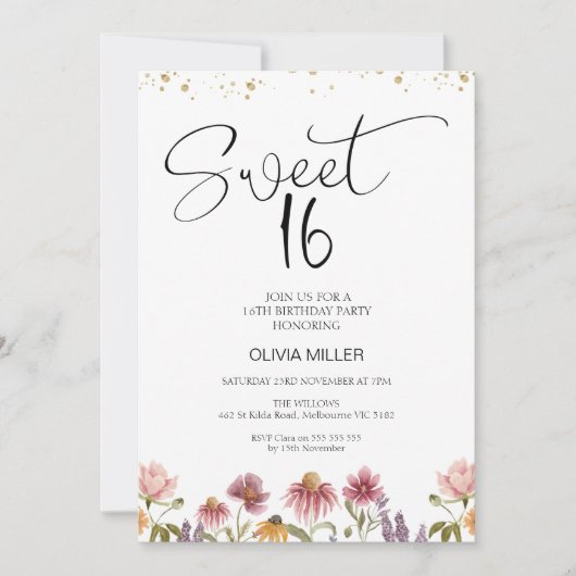 Invitation Fleur sauvage moderne douce 16e anniversaire Invit (Devant)