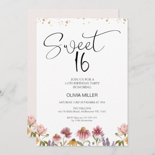 Invitation Fleur sauvage moderne douce 16e anniversaire Invit (Devant / Derrière)