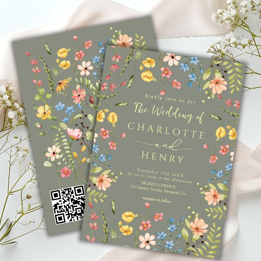Invitation Fleur sauvage Moderne Garden Sage QR Code Mariage