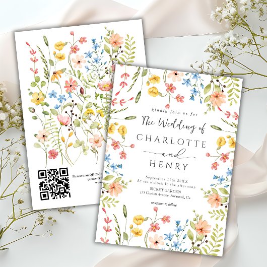 Invitation Fleur sauvage Moderne Jardin QR Code Mariage