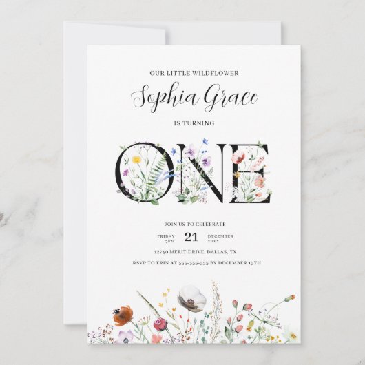Invitation Fleur sauvage moderne minimaliste 1er anniversaire (Devant)