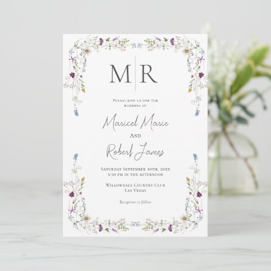 Invitation Fleur sauvage moderne Monogram Bourgogne Mariage (Debout devant)