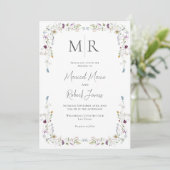 Invitation Fleur sauvage moderne Monogramme Mariage bleu (Debout devant)