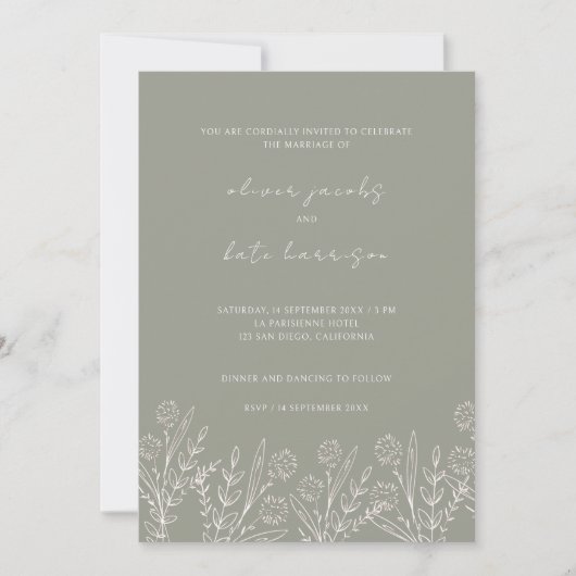 Invitation Fleur sauvage moderne Sage vert avant et Mariage a (Devant)