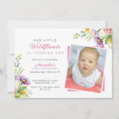 Invitation Fleur sauvage moderne Script Photo 1er anniversair (Devant)