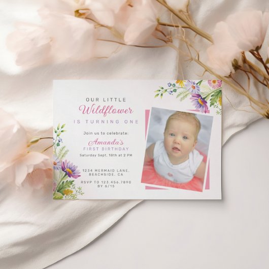 Invitation Fleur sauvage moderne Script Photo 1er anniversair