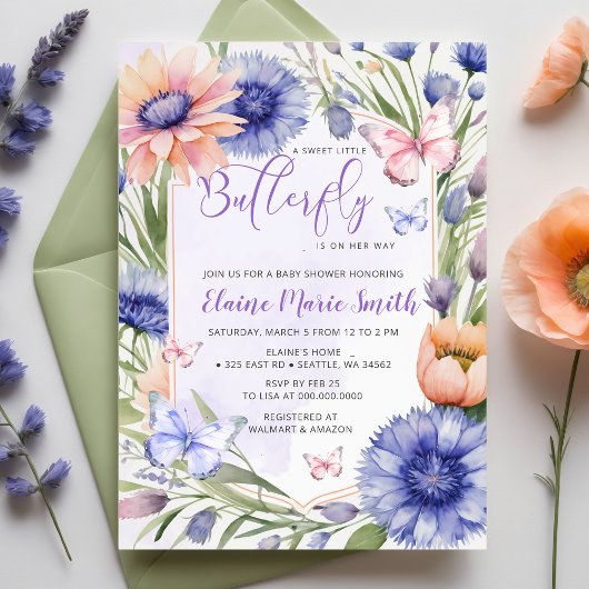 Invitation Fleur sauvage moderne  violet  papillon Baby showe