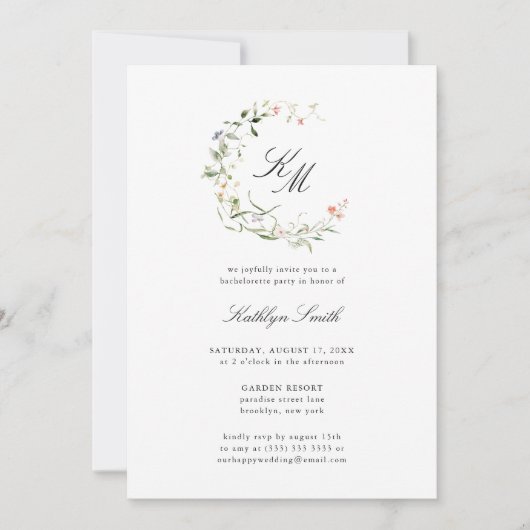 Invitation Fleur sauvage Monogram Wreath Bachelorette Party (Devant)