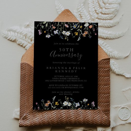 Invitation Fleur sauvage Noir 50e anniversaire de mariage