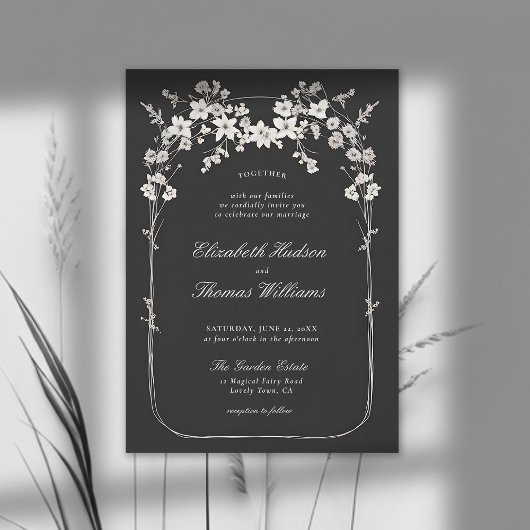 Invitation Fleur sauvage Noir Blanc Boho Arch Mariage élégant
