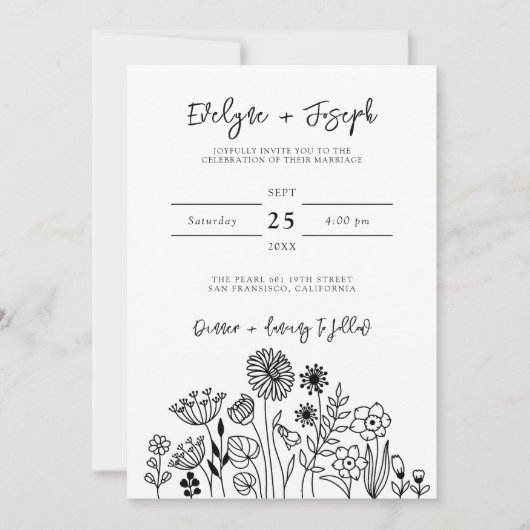 Invitation Fleur sauvage noir & blanc Boho Chic Mariage moder (Devant)