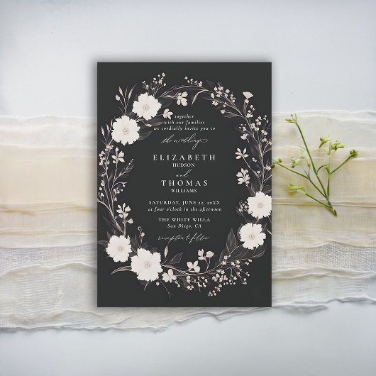 Invitation Fleur sauvage Noir Blanc Téméraire Chic Mariage él
