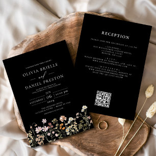 Invitation Fleur sauvage noir blanc tout en un Mariage de cod