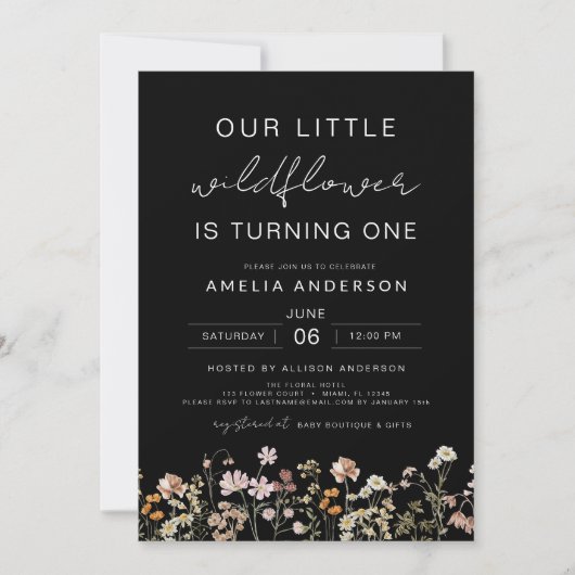 Invitation Fleur sauvage noir Boho Chic Premier anniversaire (Devant)