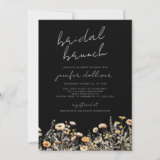 Invitation Fleur sauvage noir Boho élégant Fête des mariées B (Devant)